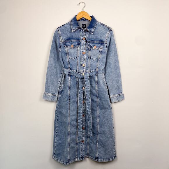NWT GAP Belted Denim Midi Dress Medium Wash XS Petite - Picture 1 of 9